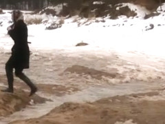 college girl peeing outdors in the snow