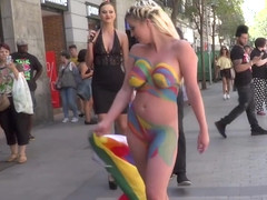Huge tits painted blonde caned in public