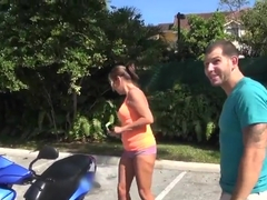 Hot sexy brunette milf shows her big boobs in living room