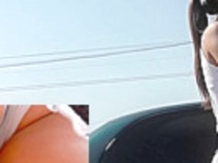 Dark-haired lady in classic panties in the upskirt clip