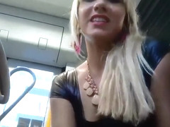 Handjob on the bus from a trampy blonde chick