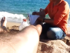 Older Asian bitch massages a guy's hairy legs admiring his big cock