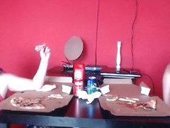 Eating with his friend