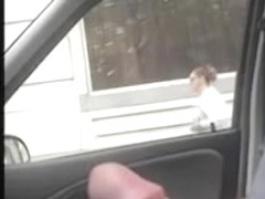 Big and rock hard stick is flashed by lewd man in the car