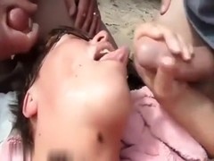 Slutty babe gets gallons of cum to her face
