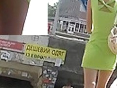 Sexy green mini suit upskirt