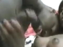 Two afro teen sluts eating and fucking their coeds hard cock