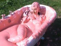 girl bath in slime with clothes