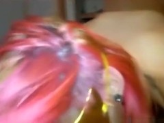 Hot masked girl with pink hair sucks cock and swallows pov