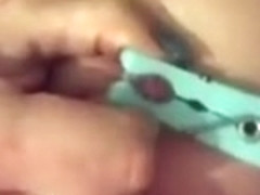 Slutty girlfriend punished her nipples in pegs then fingers herself