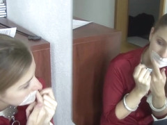 Handcuffed Girl Gags Herself With A Tape