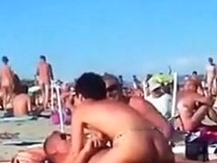 A bunch of nudists have sex on the beach