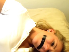 Amateur Blond Hogtied On The Bed