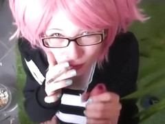 Pink Hair White Hot Girl Smoking Blowjob and Cumshot in Outdoor