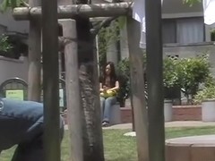 Boob sharking while she was sitting on a bench and texting