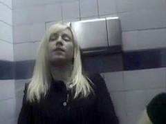 Lesbian Babes inside McDonalds restroom with biggest fake penis