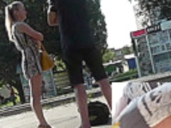 Cool voyeur upskirts with young couple in the streets