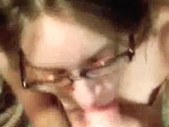 Geeky amateur girl experiencing her first cumshot on the face