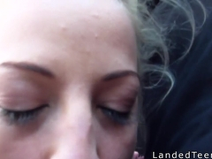 Teen hitchhiker sucking in moving car