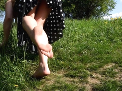 Lovely Blonde Makes Her Hot Feet Dirty By Walking Barefoot On The Way