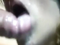 Blindfolded slut sucks small fat cock and gets her mouth full of dripping cum