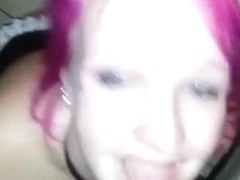 Emo slut deepthroats my dick, gags, but doesn't give up, until i cum in her mouth.