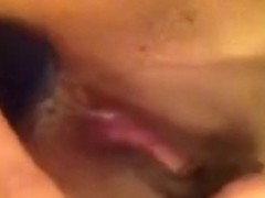 Pokes her wet love tunnel with dido and finger fucks it at the same time