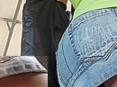 Chick in jean short show tattoo in candid upskirt video