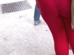 SDRUWS2 - SEE THROUGH RED LEGGINS AND VISIBLE THONG